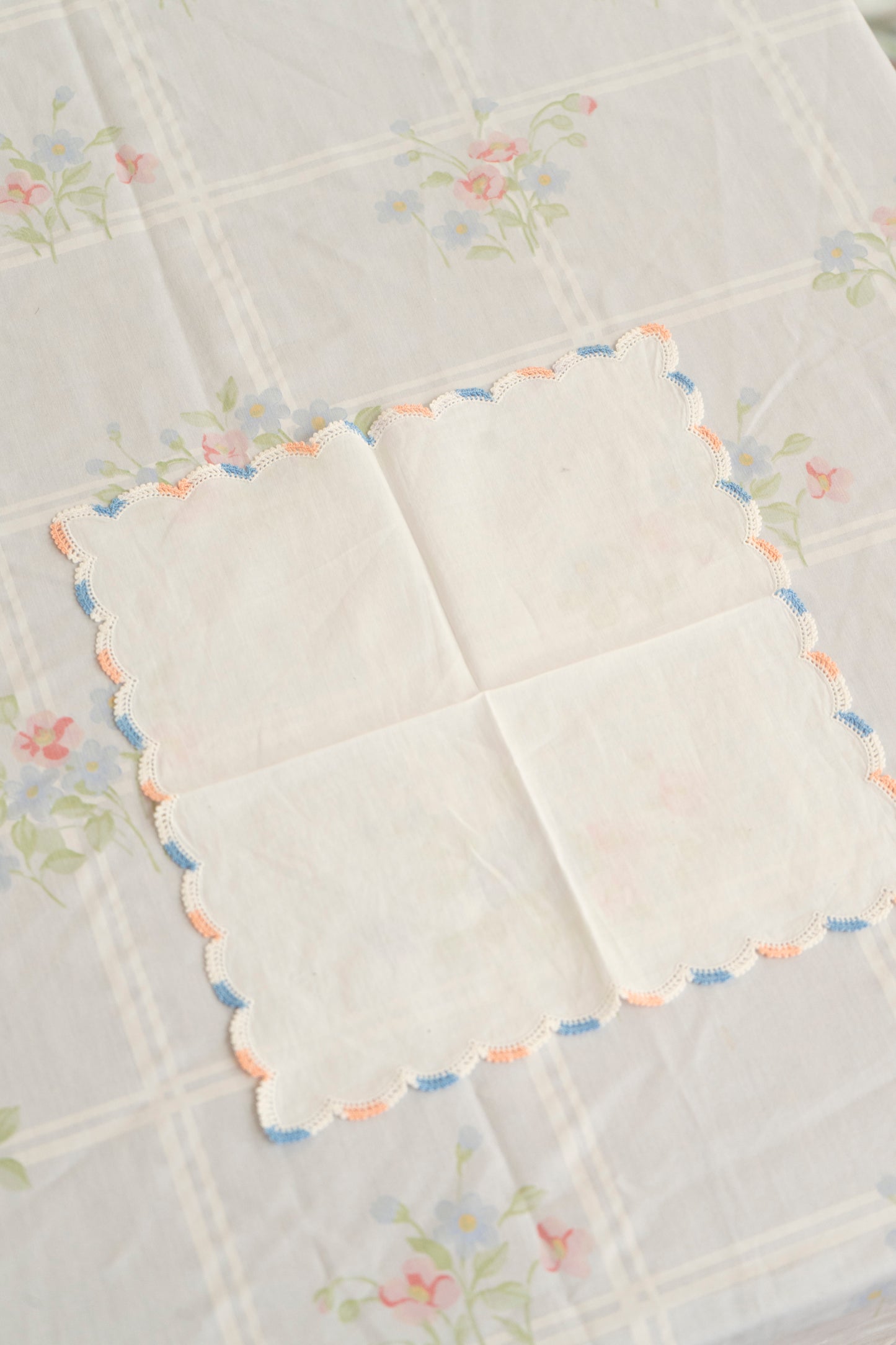 Vintage Pink and Blue Lace Handkerchief