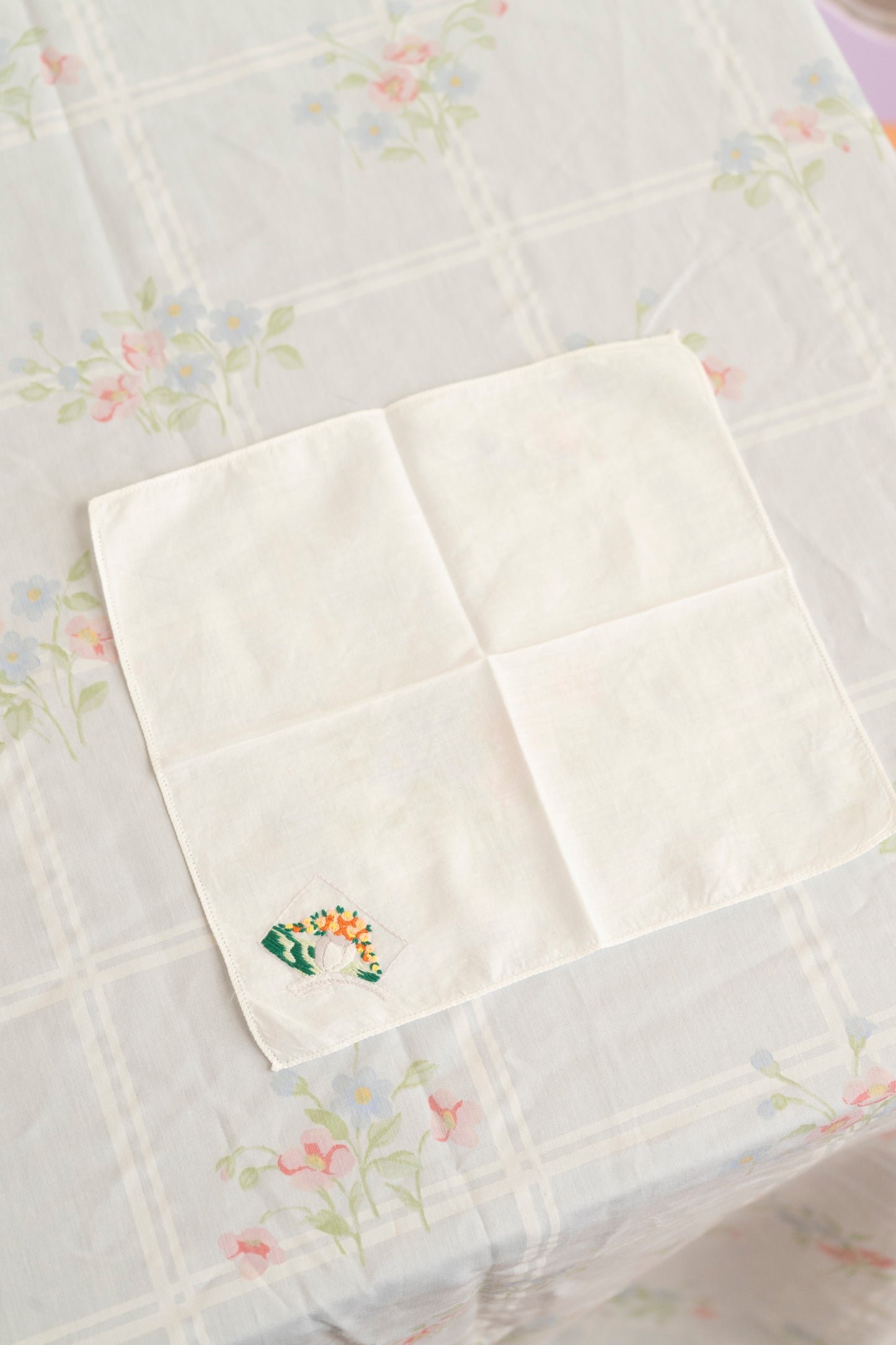 Vintage Orange and Green Embroidered Handkerchief