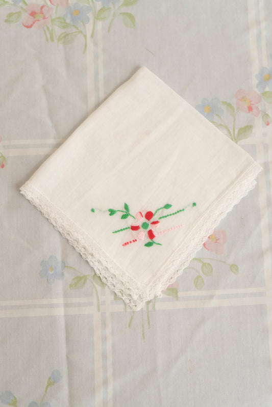 Vintage Pink and Red Embroidered Handkerchief