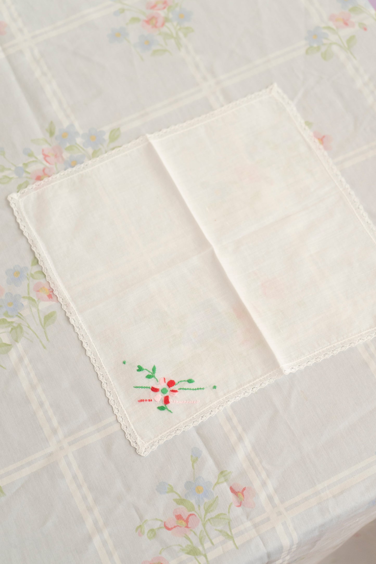 Vintage Pink and Red Embroidered Handkerchief