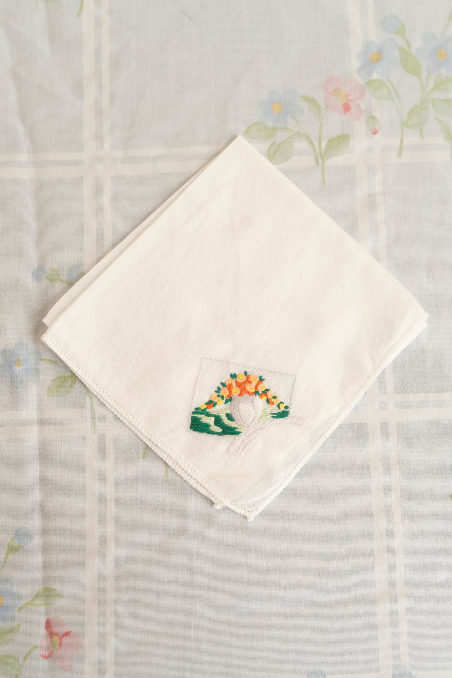 Vintage Orange and Green Embroidered Handkerchief