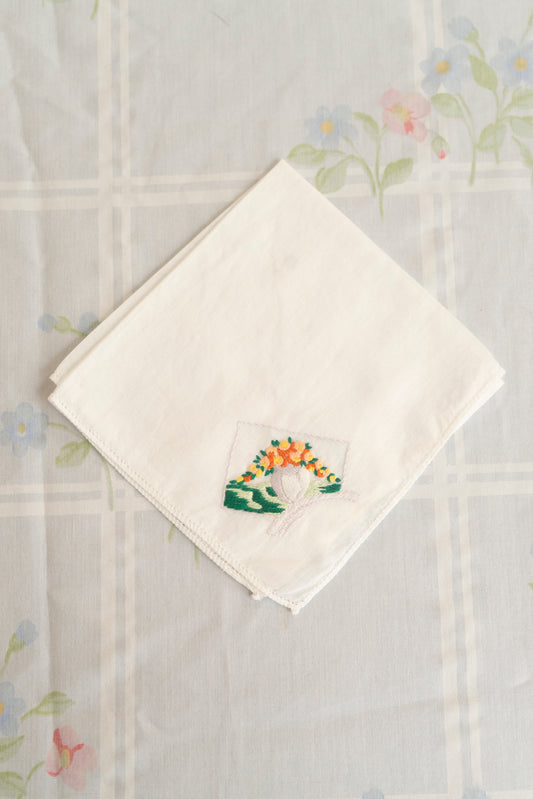 Vintage Orange and Green Embroidered Handkerchief